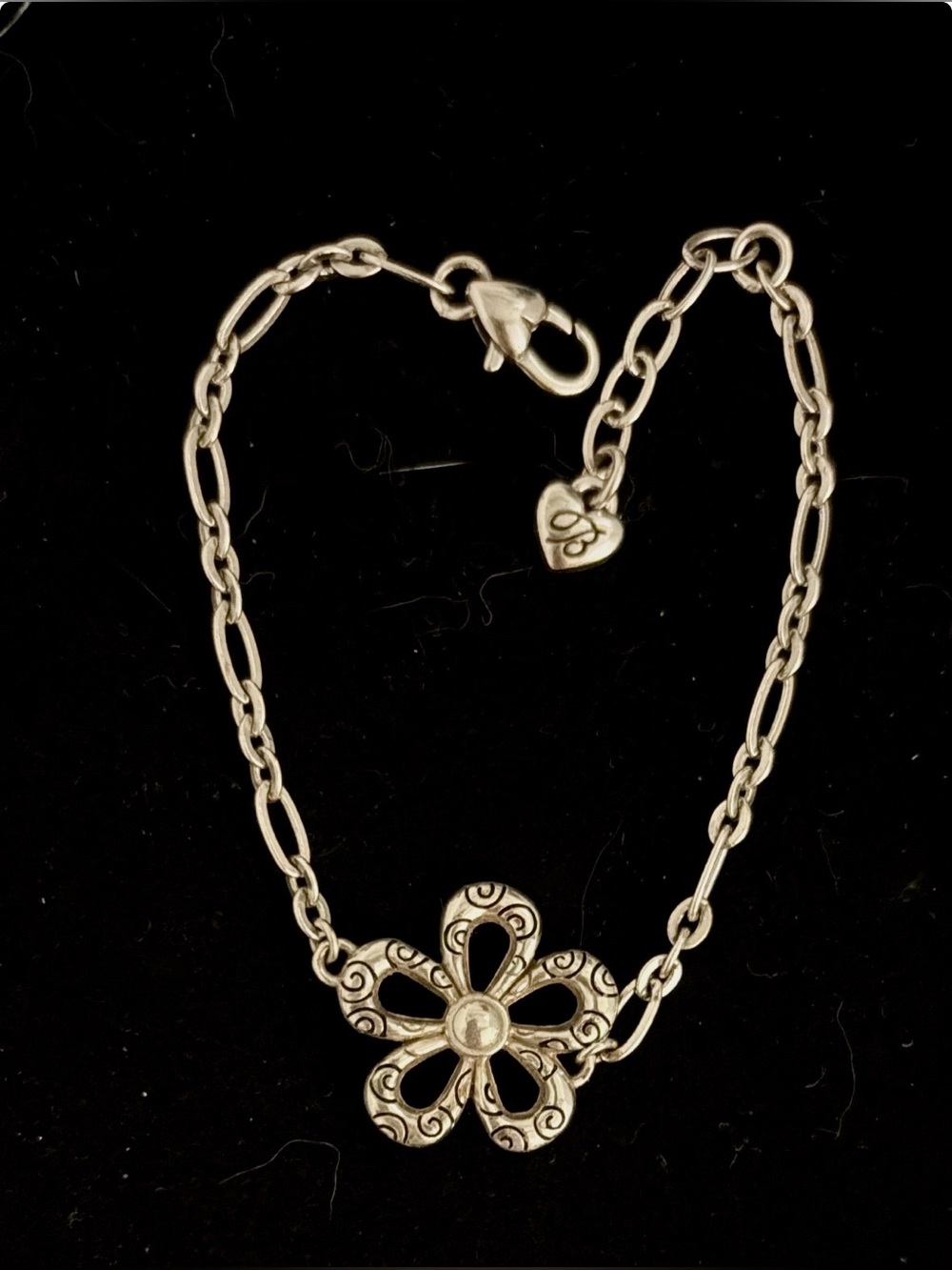 Silver Floral Link Bracelet with Heart Tag